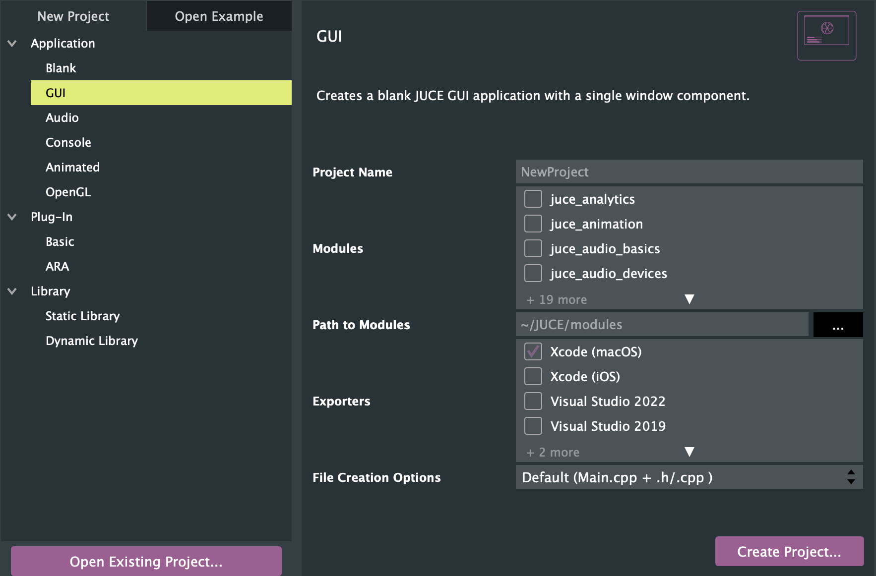 JUCE Projucer project setup
